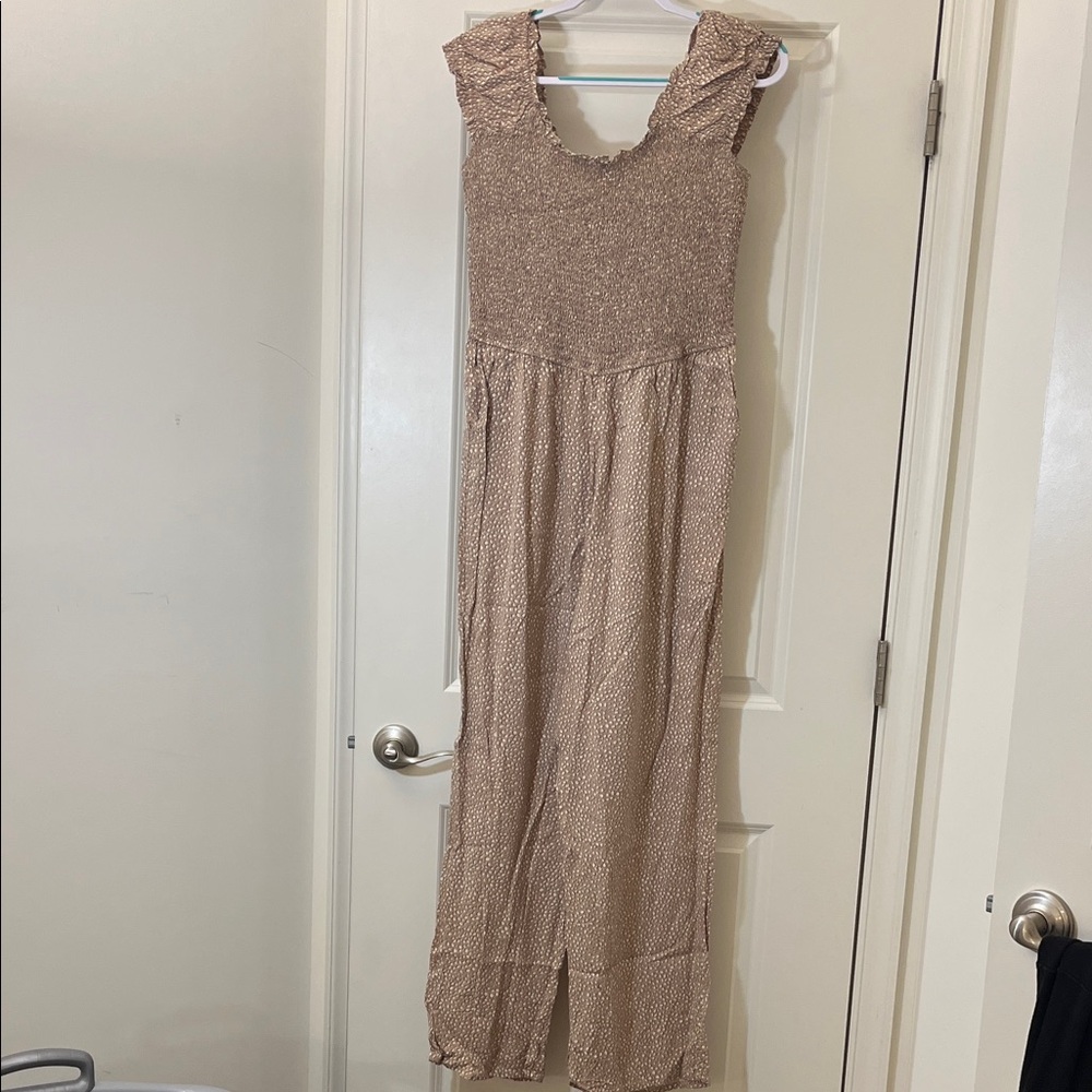 Tan, White, and Blue Pattern Sleeveless Jumpsuit